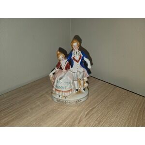 Vintage Made in Occupied Japan Porcelain Colonial Couple Figurine Blue Gold Trim